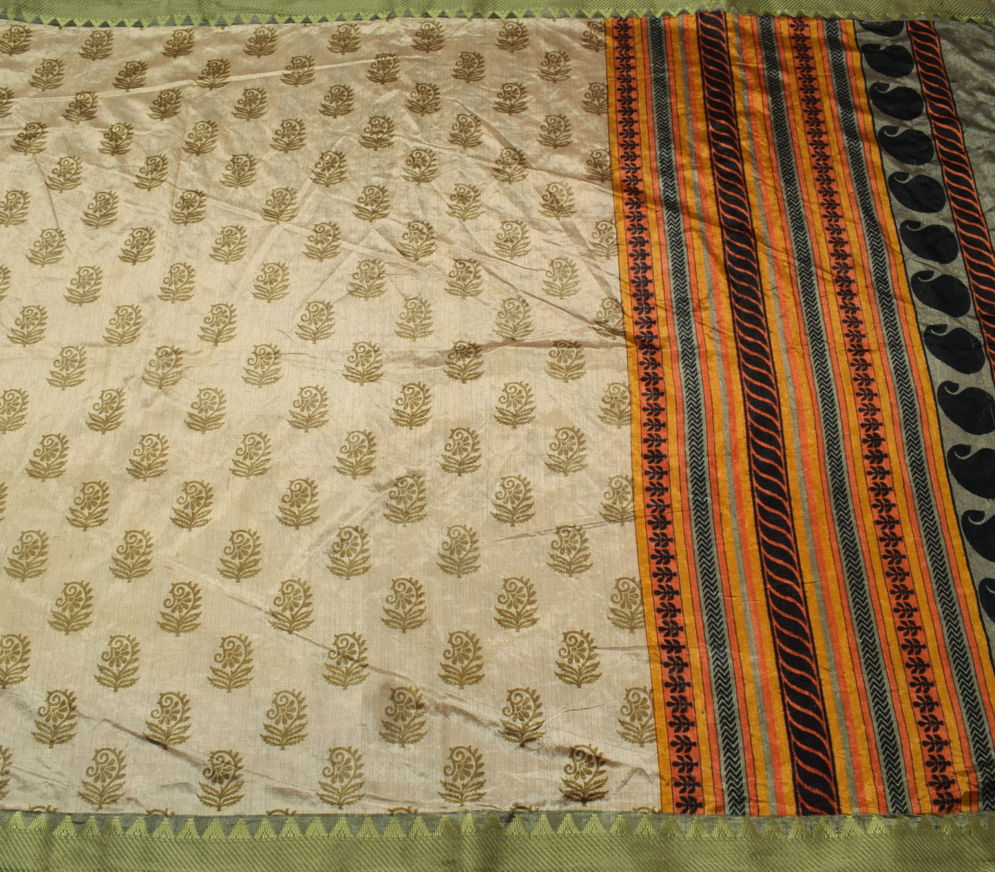 Sushila Vintage Cream Saree Blend Silk Printed Floral Soft Craft 5 YD Fabric
