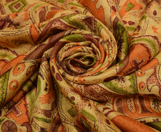 Sushila Vintage Indian Yellow Saree Blend Silk Printed Floral Soft Craft Fabric
