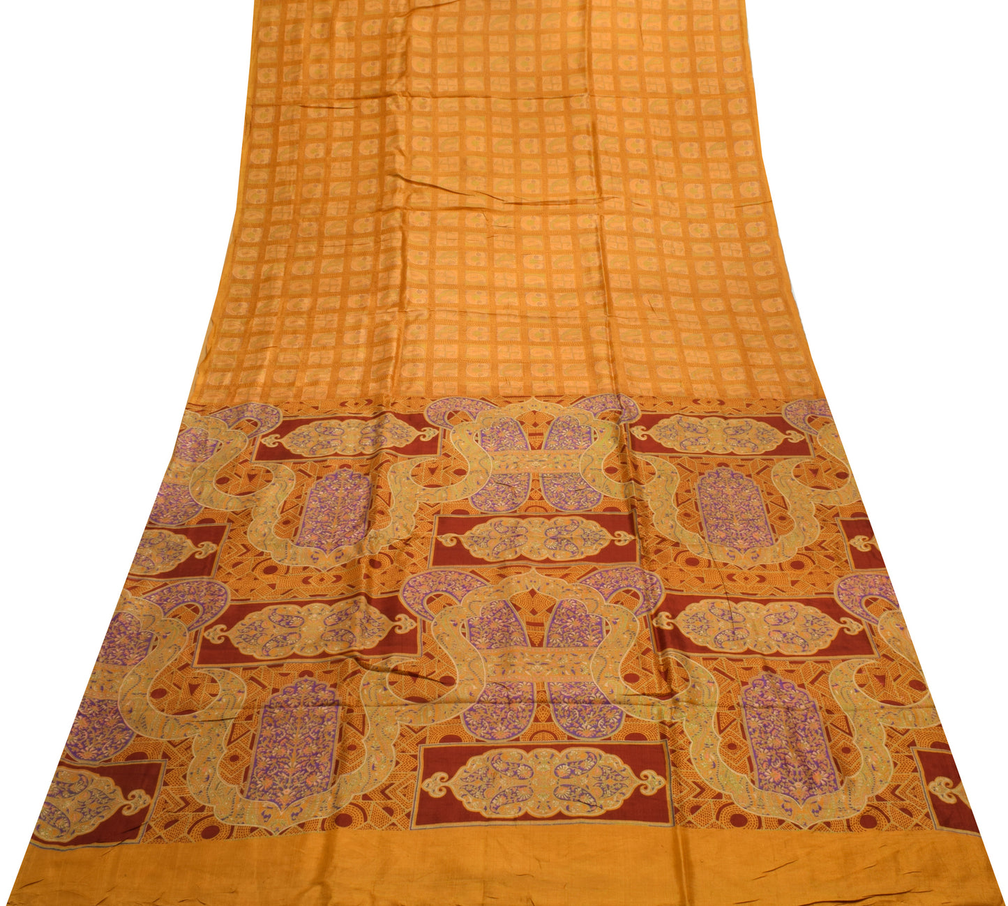 Sushila Vintage Mustard Saree 100% Pure Silk Printed Soft Craft Sari Fabric