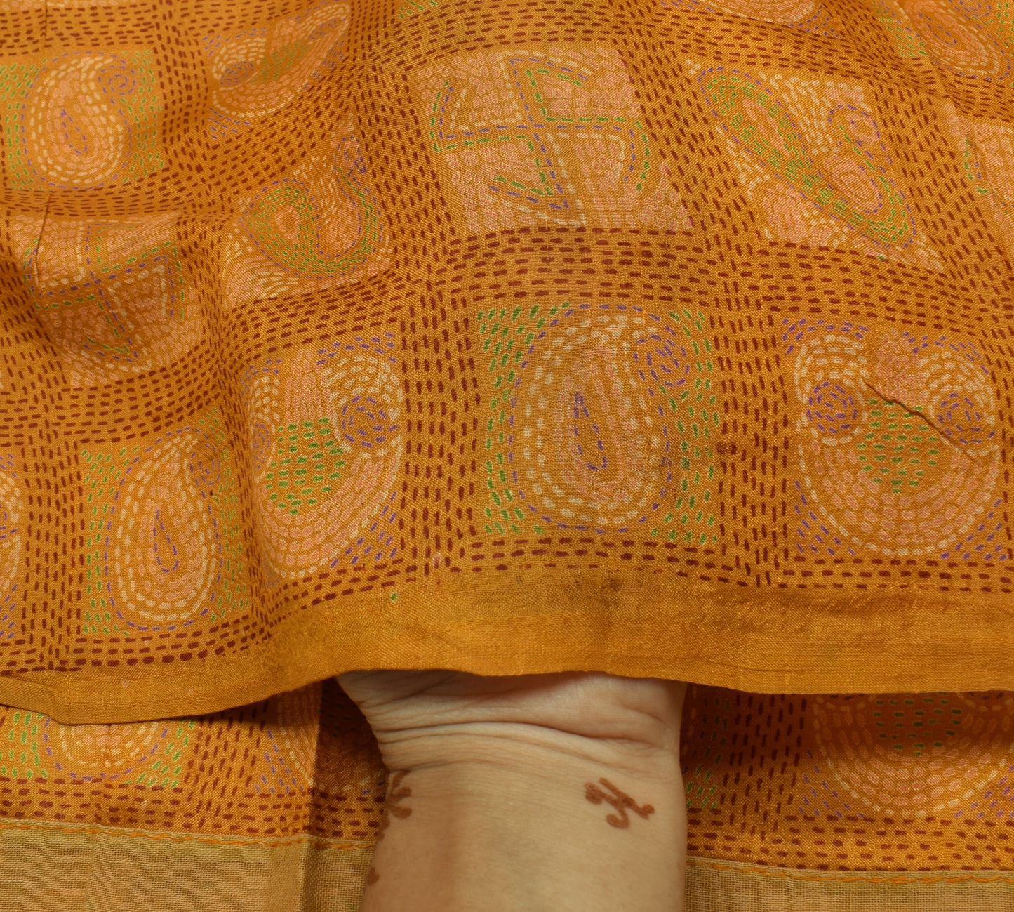 Sushila Vintage Mustard Saree 100% Pure Silk Printed Soft Craft Sari Fabric