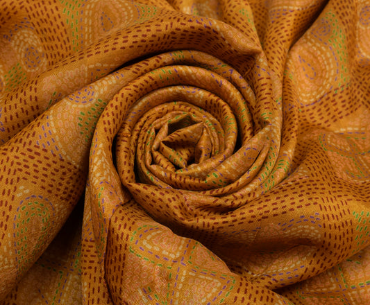 Sushila Vintage Mustard Saree 100% Pure Silk Printed Soft Craft Sari Fabric