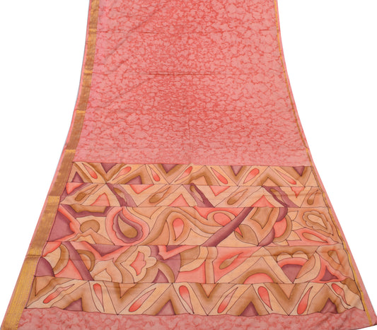 Sushila Vintage Indian Peach Saree Blend Silk Printed  Soft Craft 5 Yard Fabric