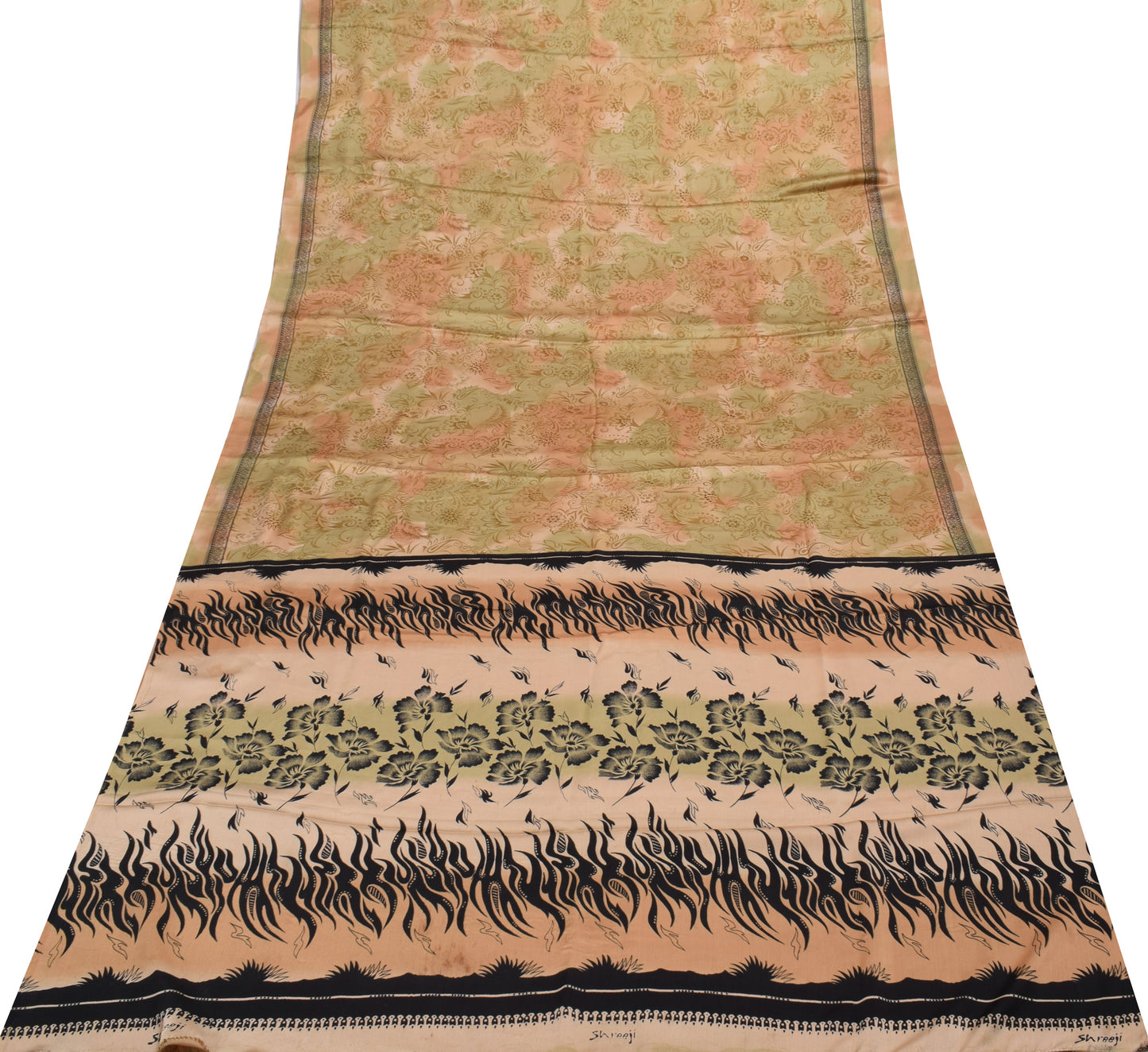 Sushila Vintage Peach & Green Saree Art Satin Silk Printed Floral Soft Craft Fabric