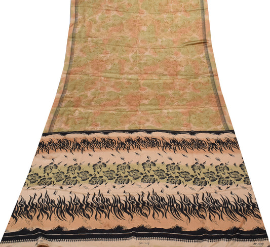 Sushila Vintage Peach & Green Saree Art Satin Silk Printed Floral Soft Craft Fabric
