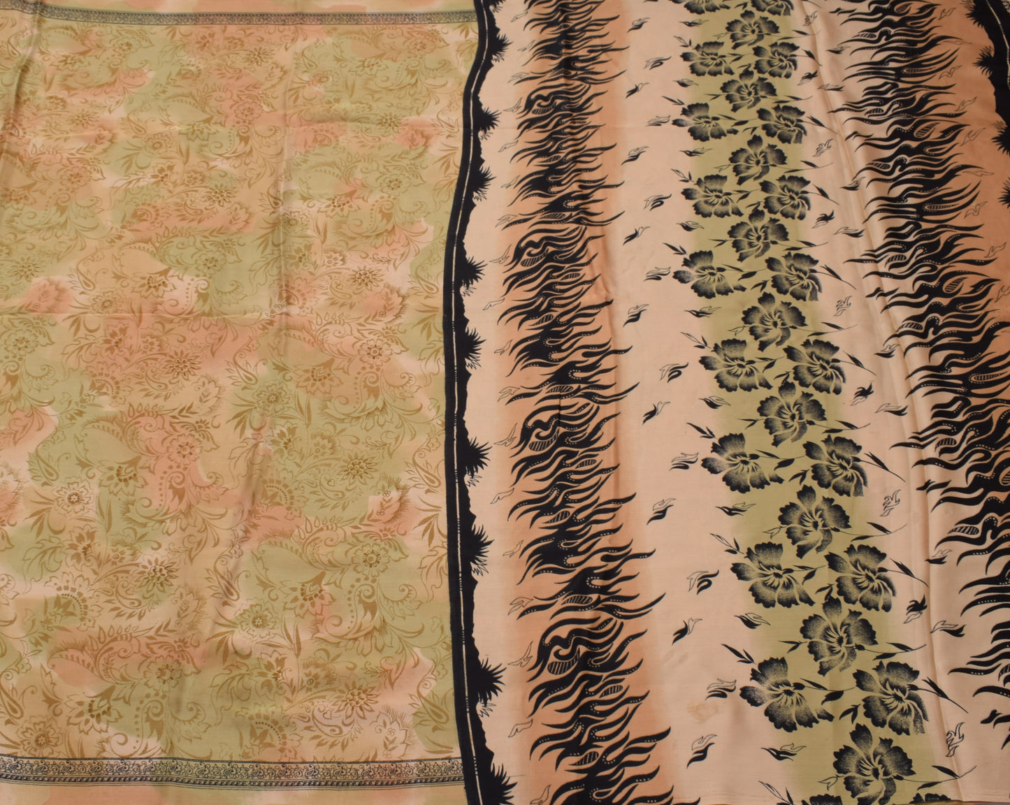Sushila Vintage Peach & Green Saree Art Satin Silk Printed Floral Soft Craft Fabric