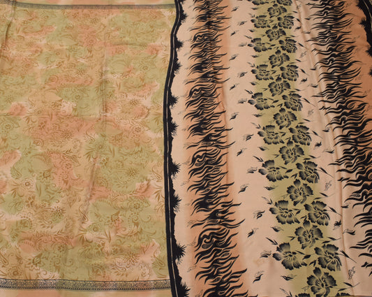 Sushila Vintage Peach & Green Saree Art Satin Silk Printed Floral Soft Craft Fabric