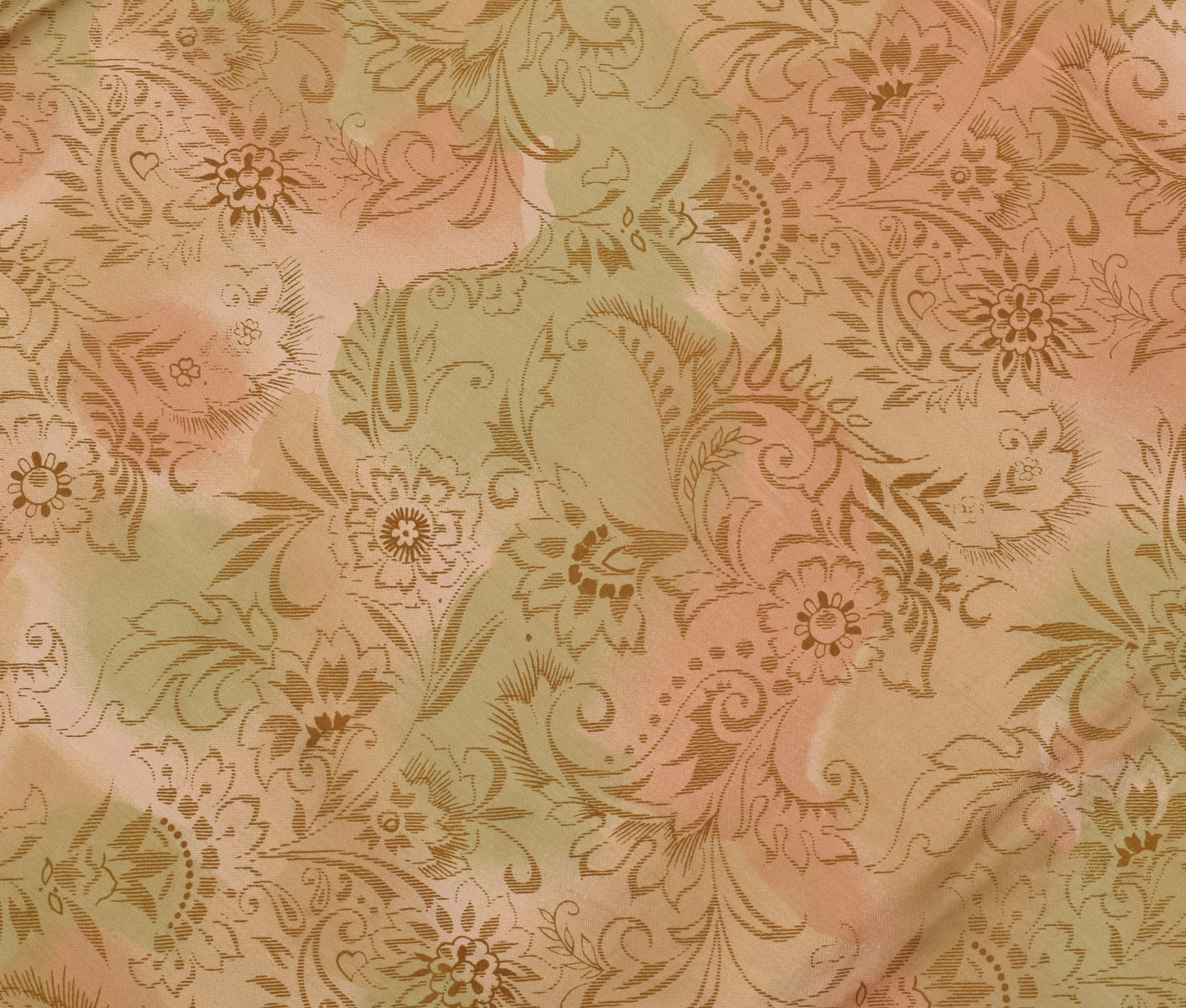 Sushila Vintage Peach & Green Saree Art Satin Silk Printed Floral Soft Craft Fabric