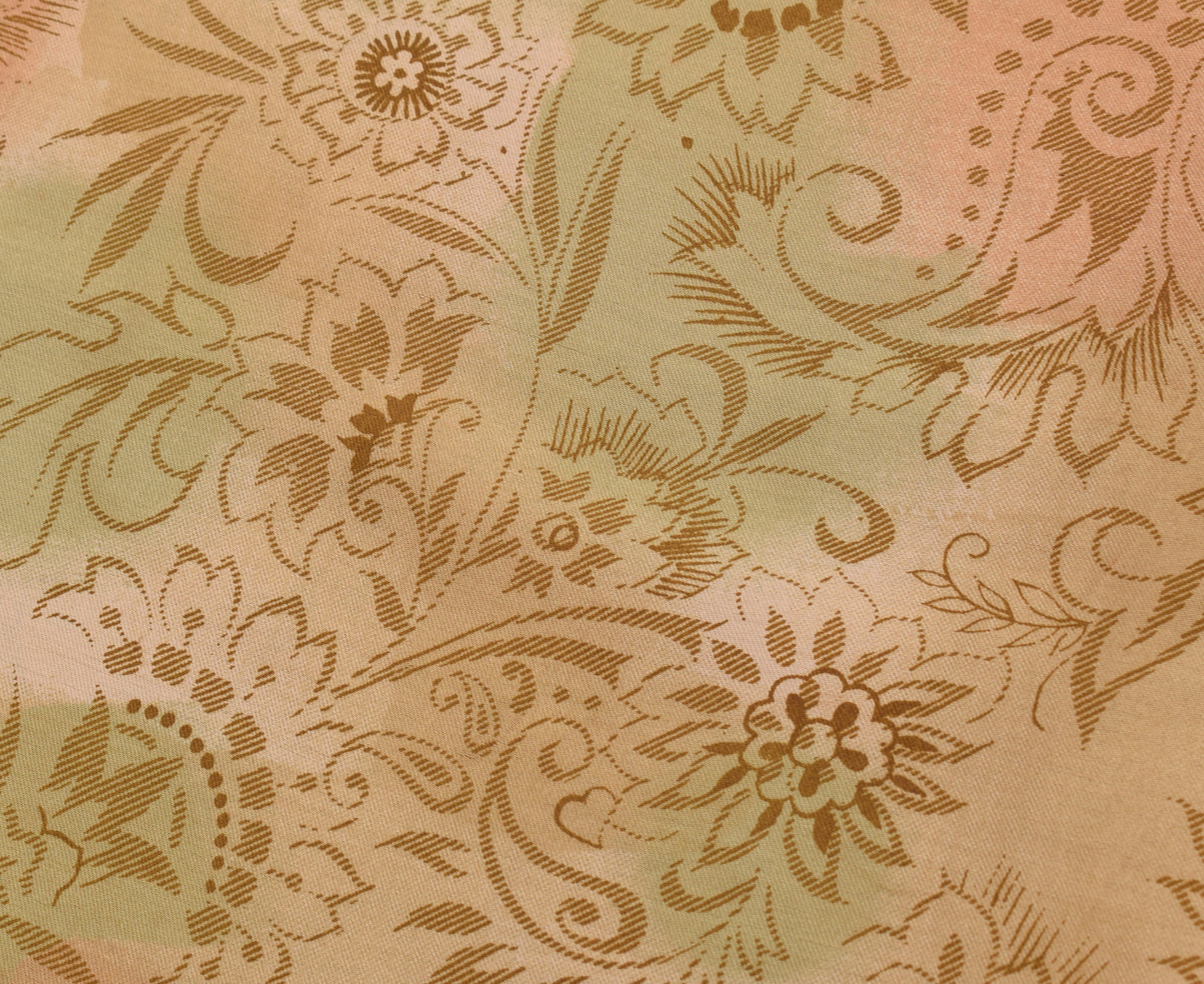 Sushila Vintage Peach & Green Saree Art Satin Silk Printed Floral Soft Craft Fabric