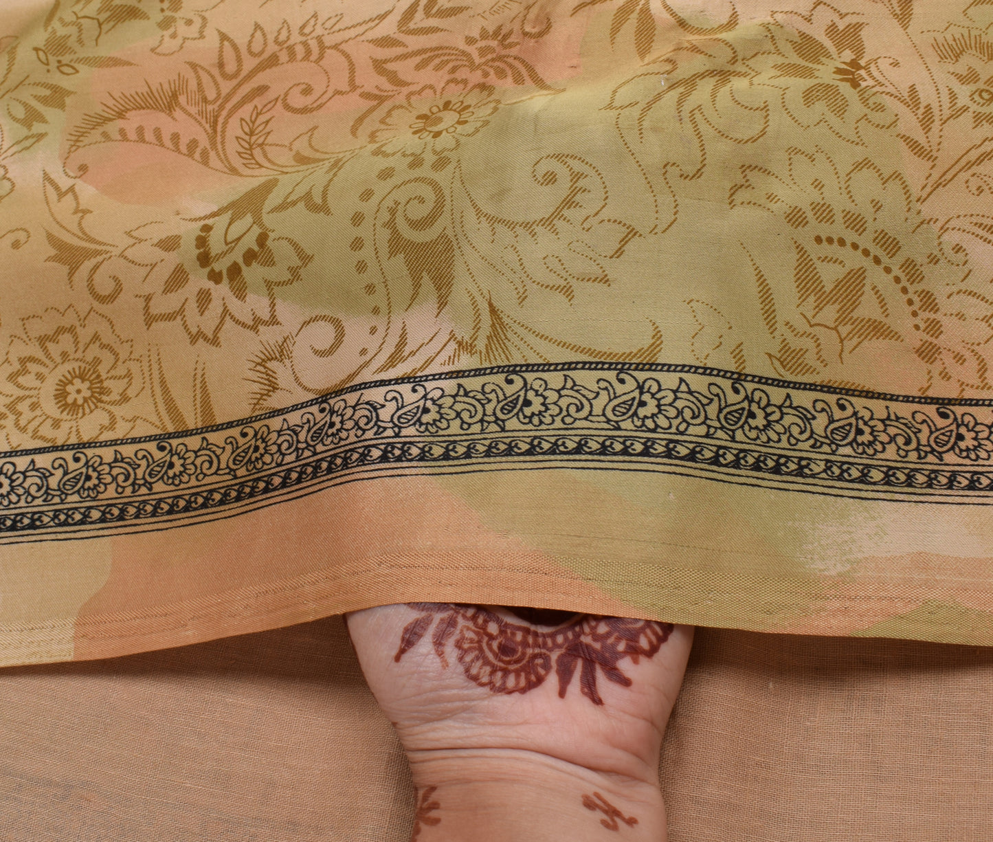 Sushila Vintage Peach & Green Saree Art Satin Silk Printed Floral Soft Craft Fabric