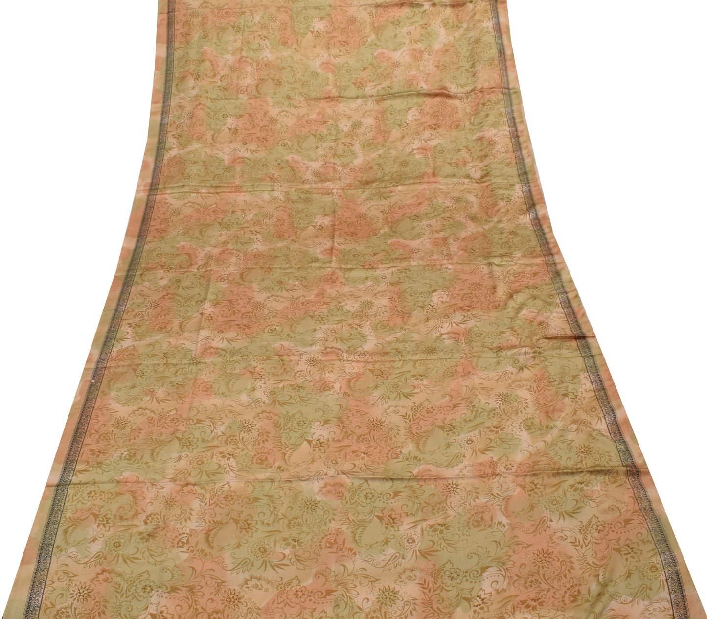 Sushila Vintage Peach & Green Saree Art Satin Silk Printed Floral Soft Craft Fabric