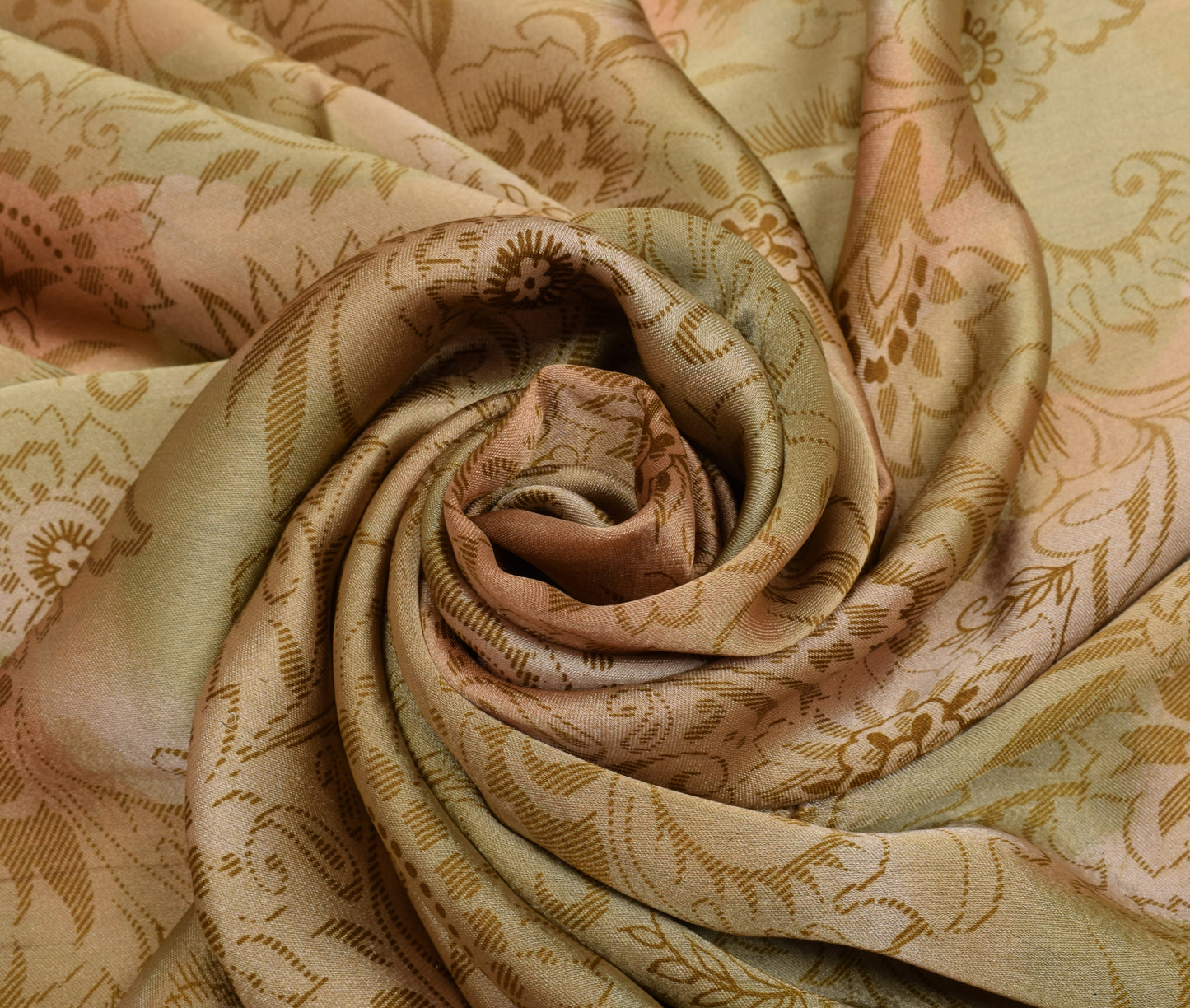 Sushila Vintage Peach & Green Saree Art Satin Silk Printed Floral Soft Craft Fabric