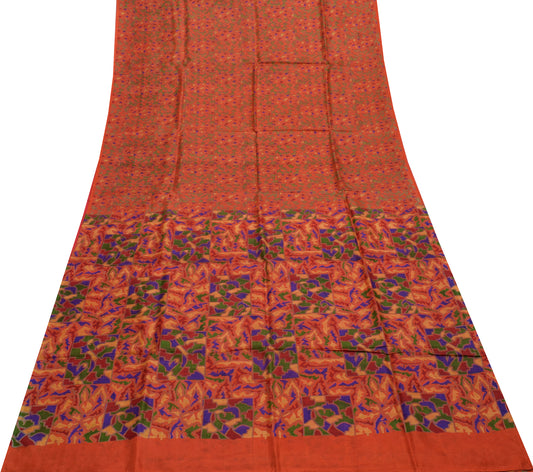 Sushila Vintage Indian Orange Saree 100% Pure Silk Printed Soft Craft Fabric