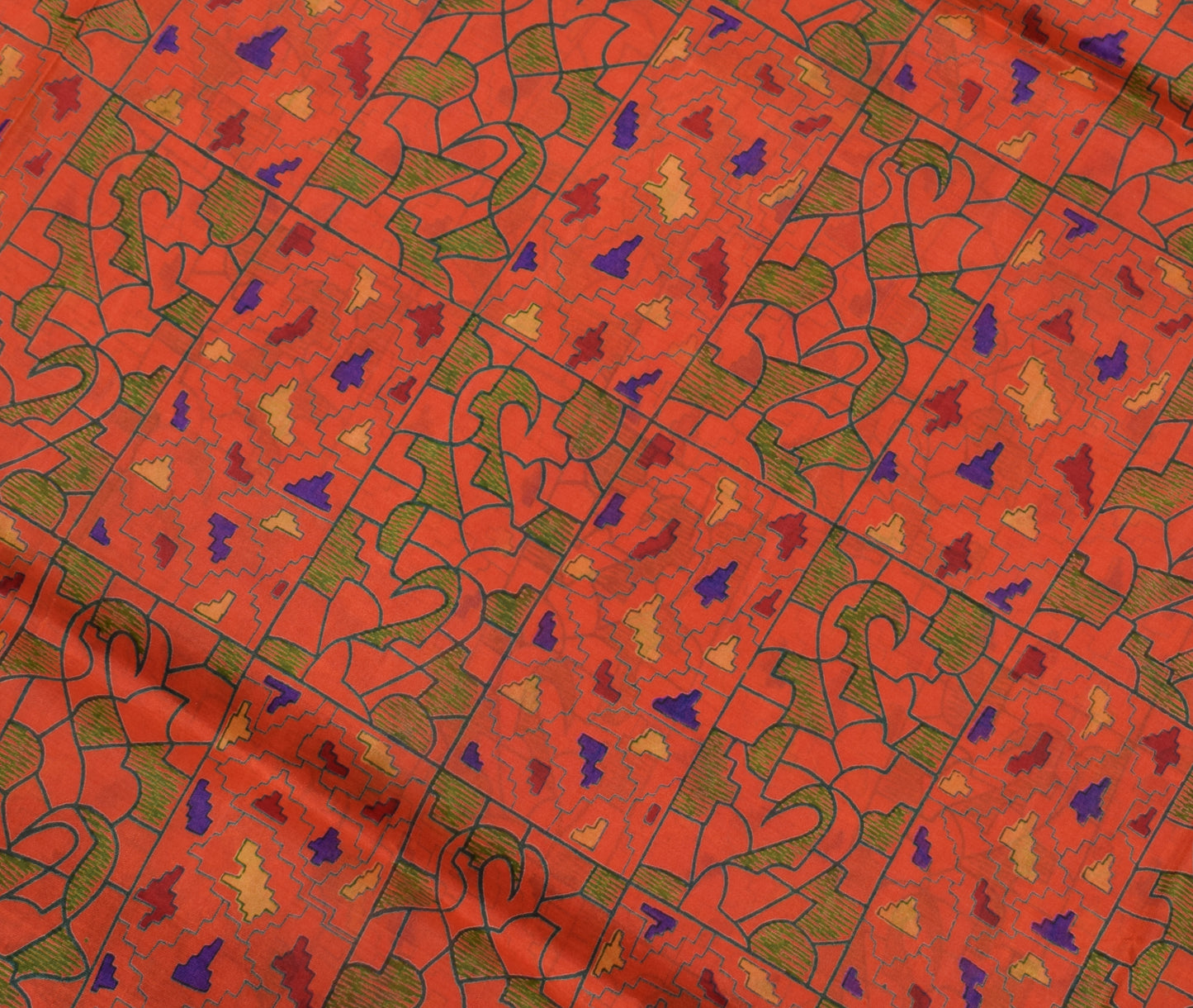 Sushila Vintage Indian Orange Saree 100% Pure Silk Printed Soft Craft Fabric