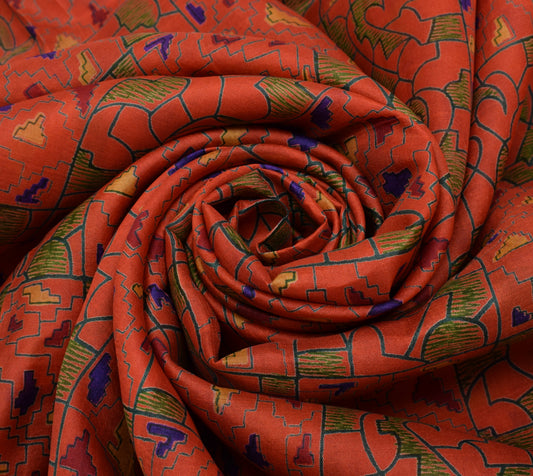 Sushila Vintage Indian Orange Saree 100% Pure Silk Printed Soft Craft Fabric