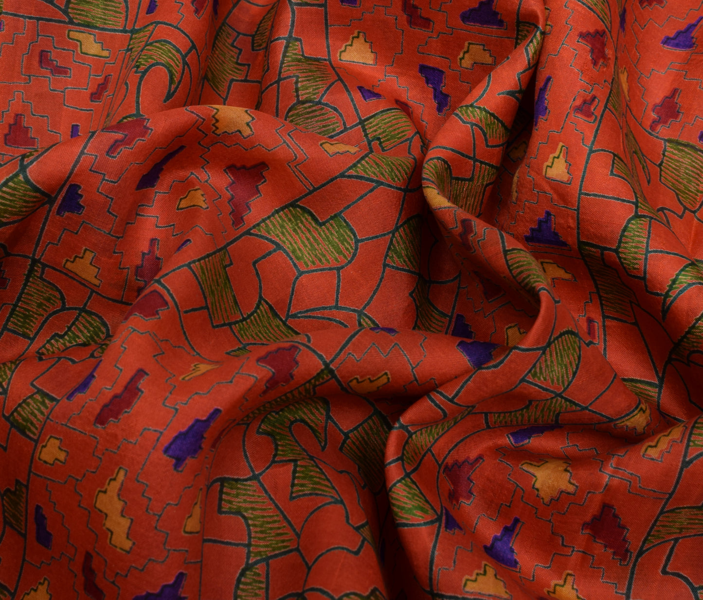 Sushila Vintage Indian Orange Saree 100% Pure Silk Printed Soft Craft Fabric