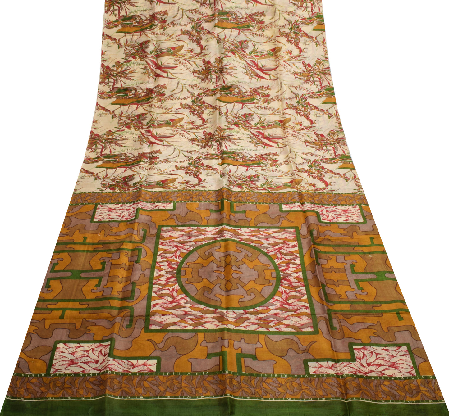 Sushila Vintage Cream Saree 100% Pure Silk Printed Floral Soft Craft Sari Fabric