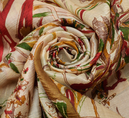 Sushila Vintage Cream Saree 100% Pure Silk Printed Floral Soft Craft Sari Fabric