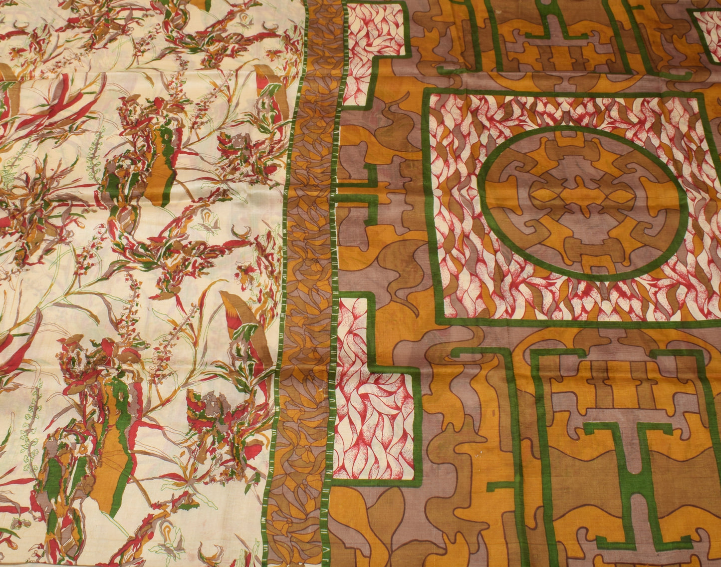 Sushila Vintage Cream Saree 100% Pure Silk Printed Floral Soft Craft Sari Fabric