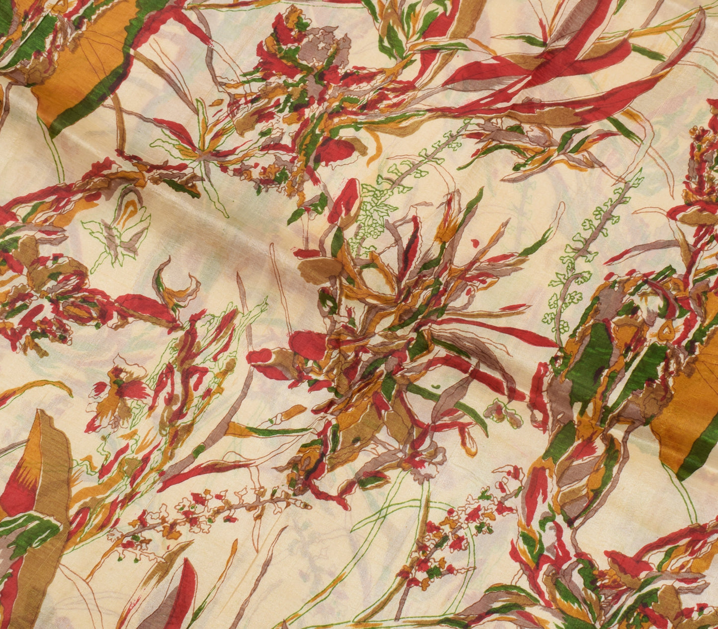 Sushila Vintage Cream Saree 100% Pure Silk Printed Floral Soft Craft Sari Fabric