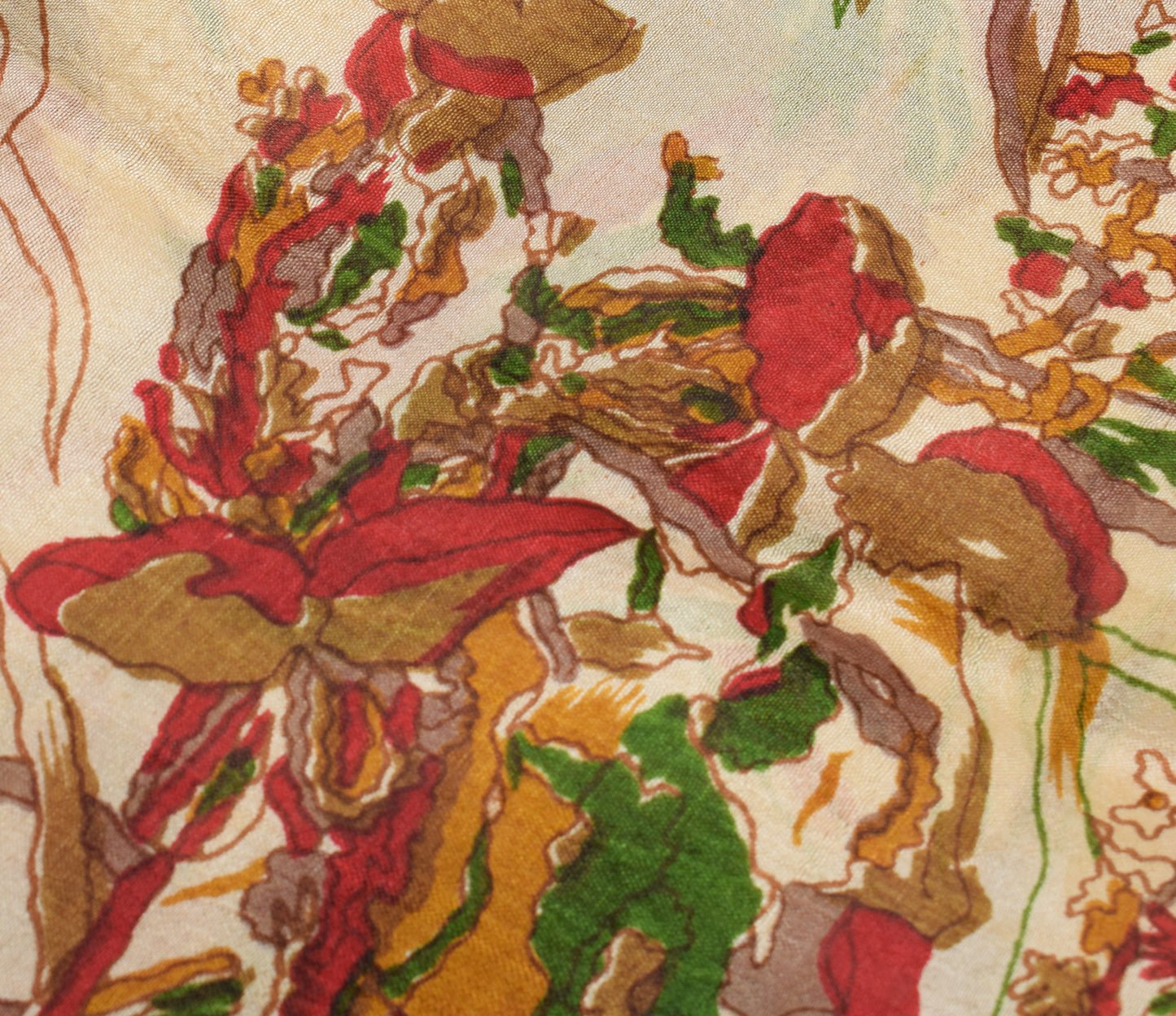 Sushila Vintage Cream Saree 100% Pure Silk Printed Floral Soft Craft Sari Fabric