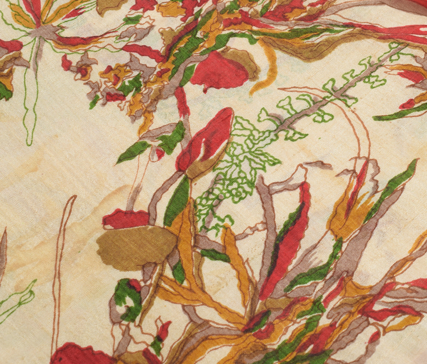 Sushila Vintage Cream Saree 100% Pure Silk Printed Floral Soft Craft Sari Fabric