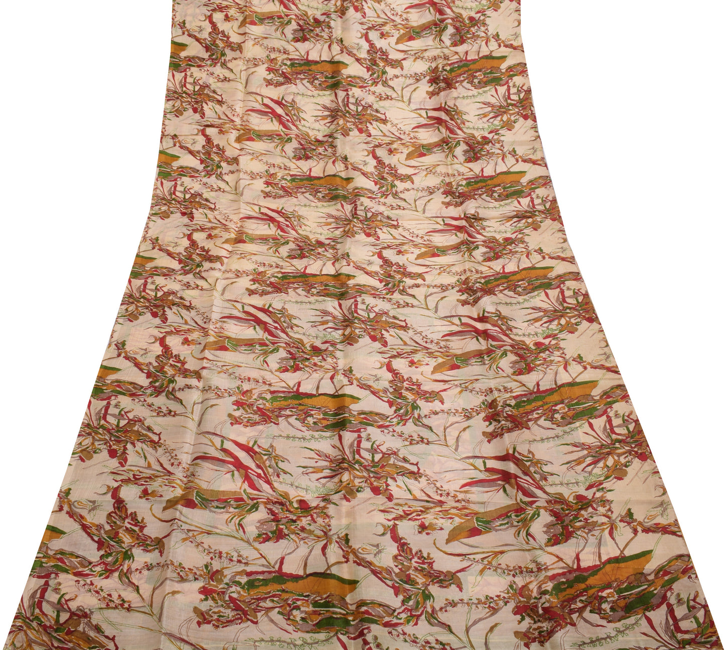 Sushila Vintage Cream Saree 100% Pure Silk Printed Floral Soft Craft Sari Fabric