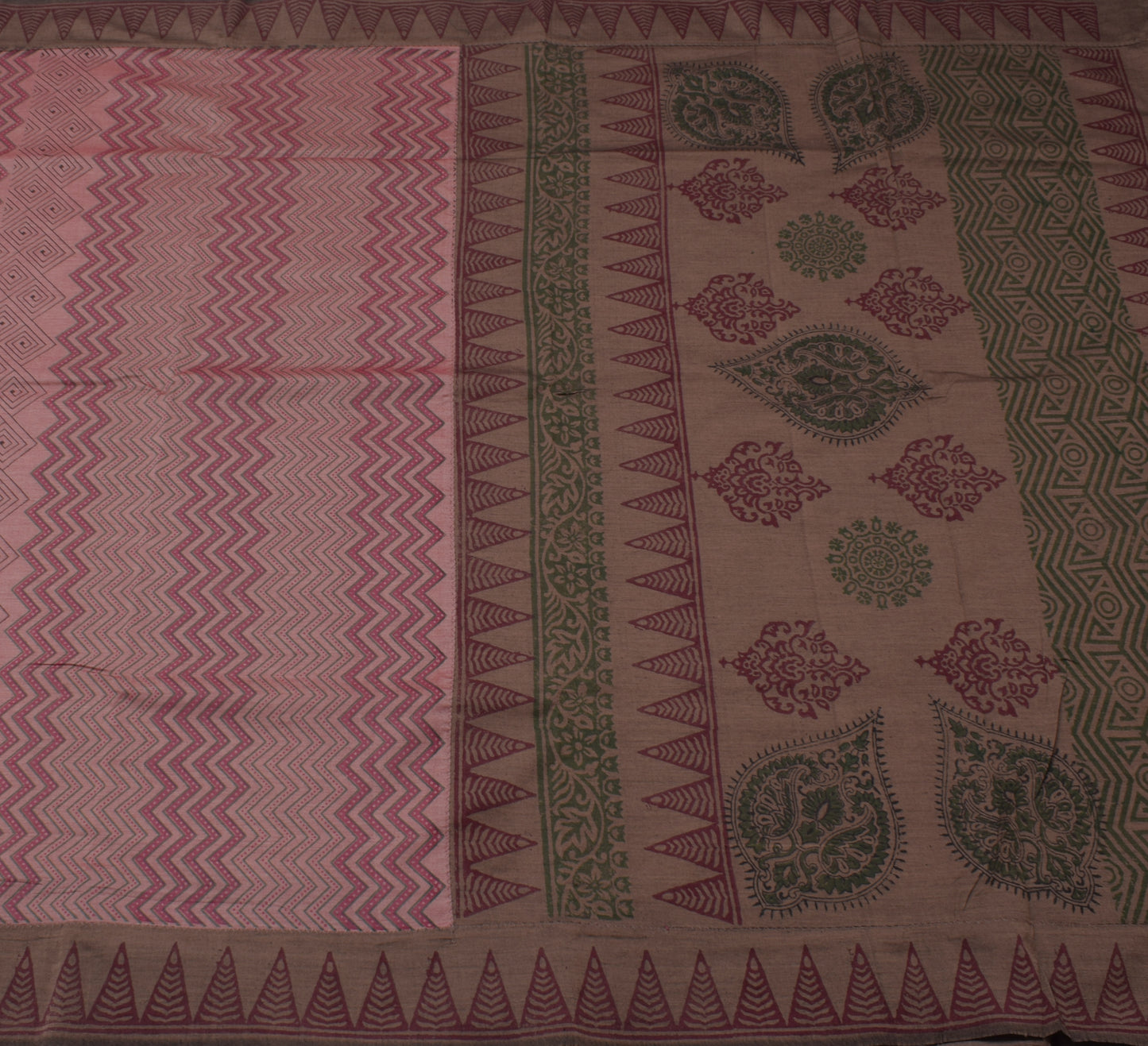 Sushila Vintage Indian Saree Blend Silk Hand Block Printed Zig-Zag Sari Fabric