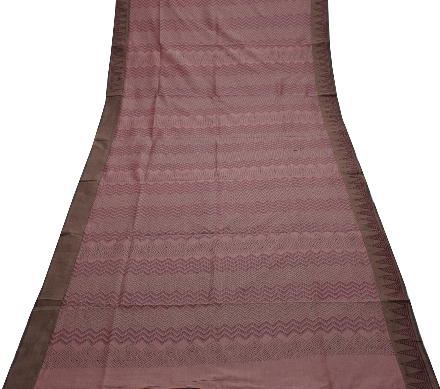 Sushila Vintage Indian Saree Blend Silk Hand Block Printed Zig-Zag Sari Fabric
