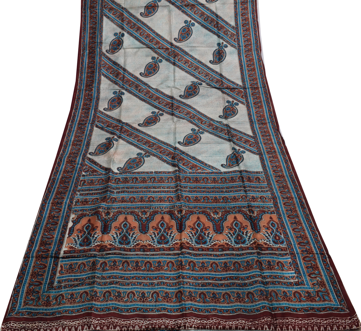 Sushila Vintage Off White Saree 100% Pure Silk Printed Paisley Soft Craft Fabric