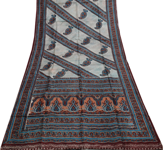 Sushila Vintage Off White Saree 100% Pure Silk Printed Paisley Soft Craft Fabric