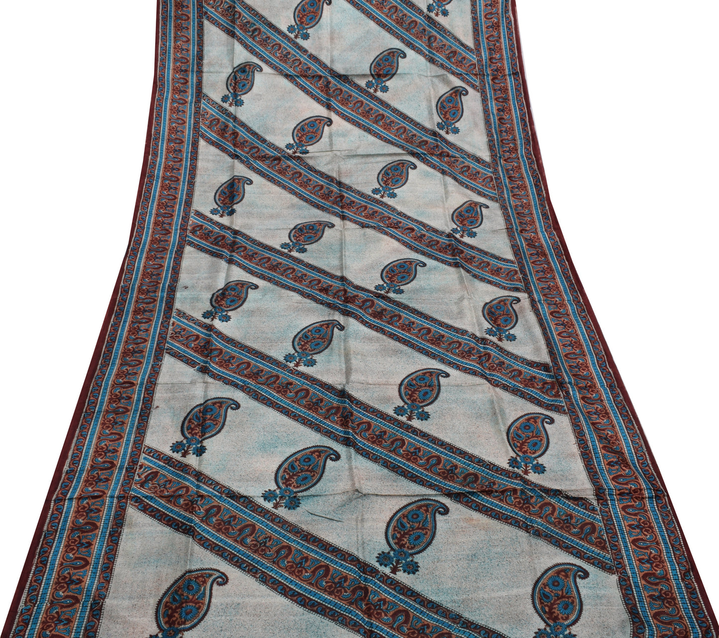 Sushila Vintage Off White Saree 100% Pure Silk Printed Paisley Soft Craft Fabric