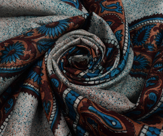 Sushila Vintage Off White Saree 100% Pure Silk Printed Paisley Soft Craft Fabric