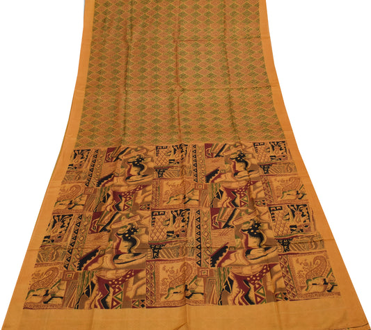 Sushila Vintage Mustard Saree 100% Pure Silk Printed 5 Yard Soft Craft Fabric