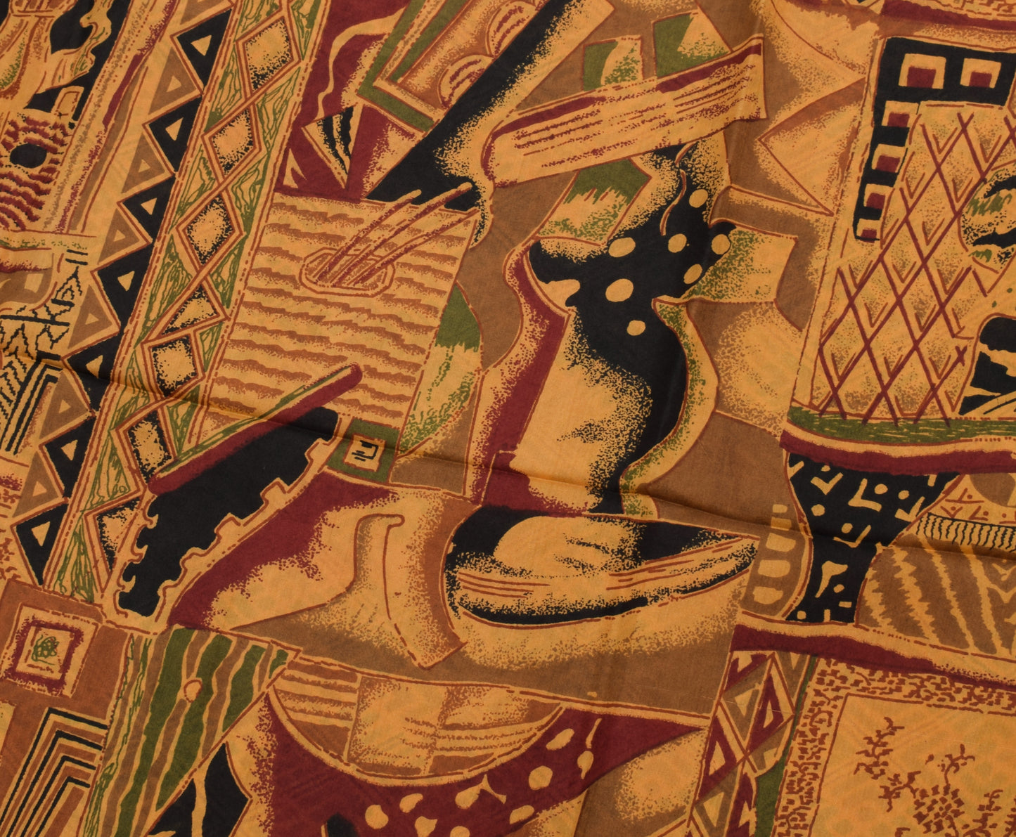 Sushila Vintage Mustard Saree 100% Pure Silk Printed 5 Yard Soft Craft Fabric