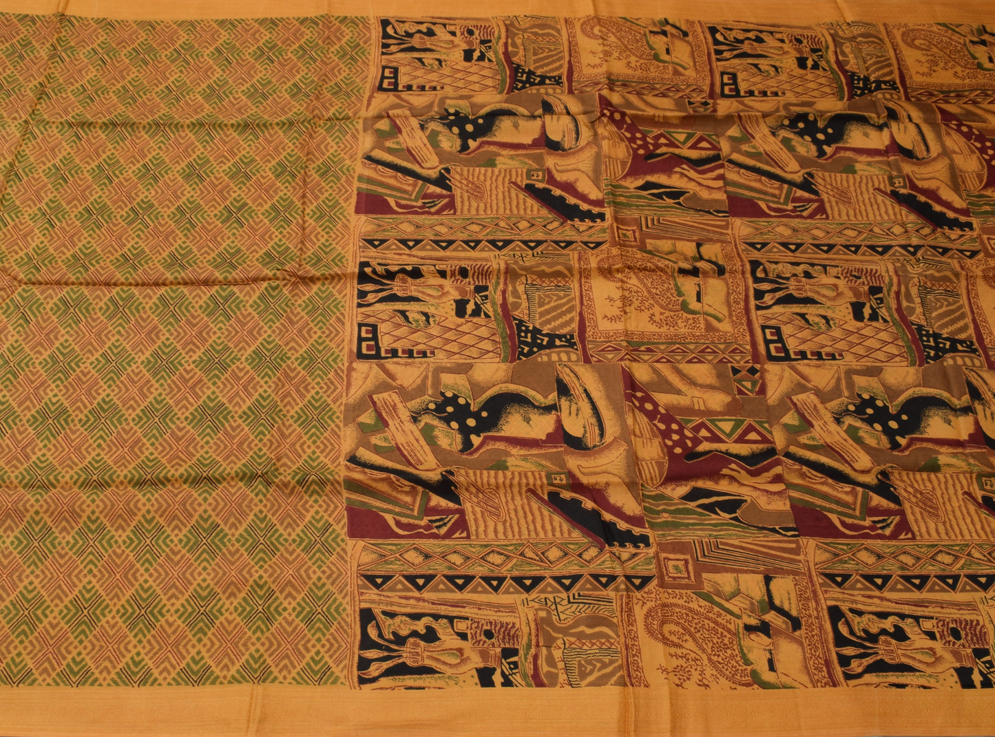 Sushila Vintage Mustard Saree 100% Pure Silk Printed 5 Yard Soft Craft Fabric