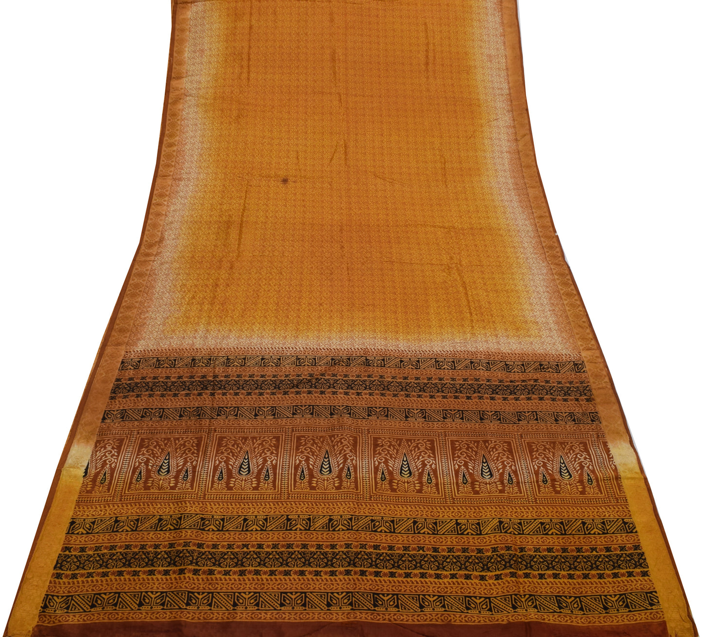 Sushila Vintage Mustard Saree 100% Pure Silk Printed Floral Soft Craft Fabric