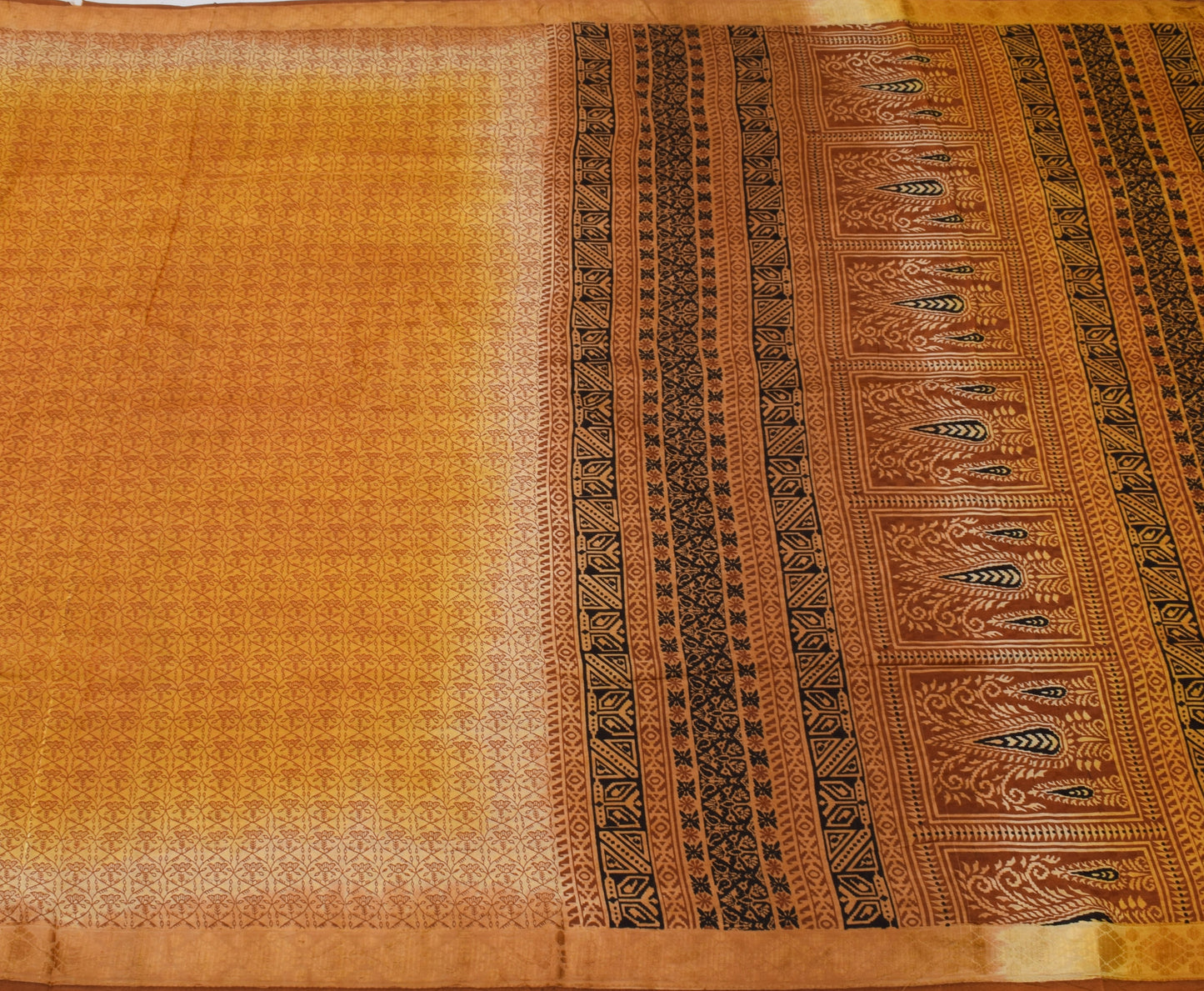 Sushila Vintage Mustard Saree 100% Pure Silk Printed Floral Soft Craft Fabric