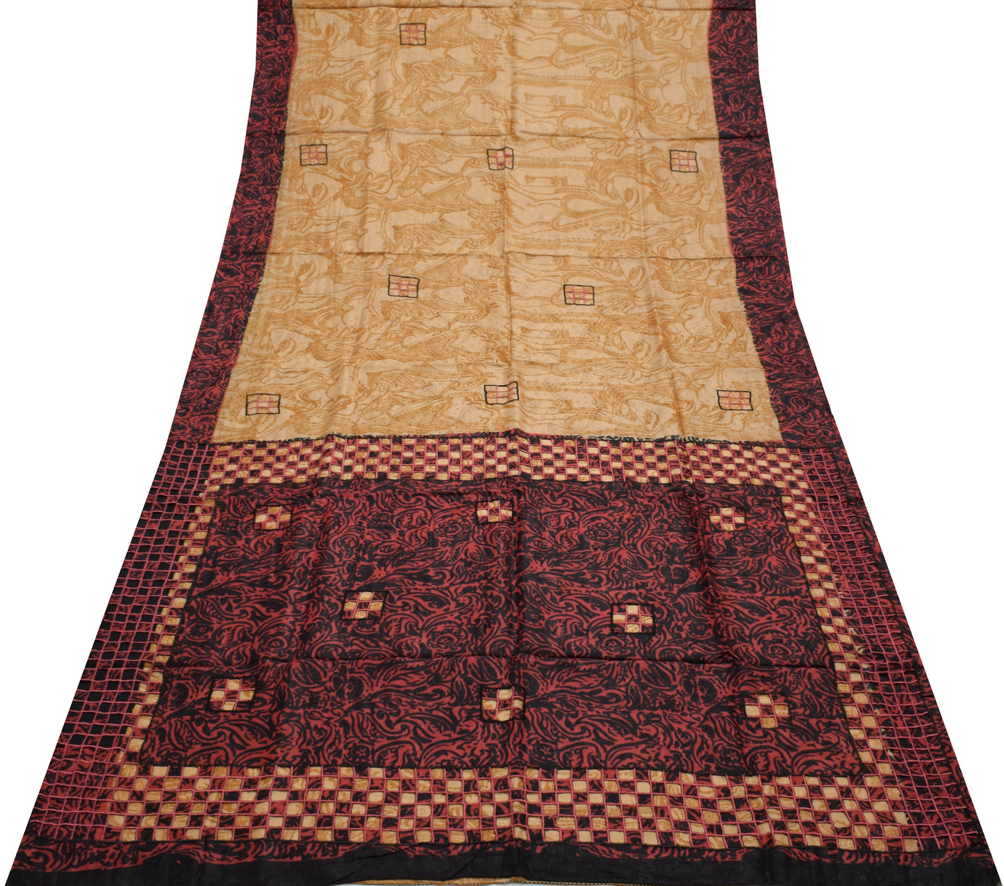 Sushila Vintage Brown Saree 100% Pure Silk Printed Floral Soft Craft Fabric
