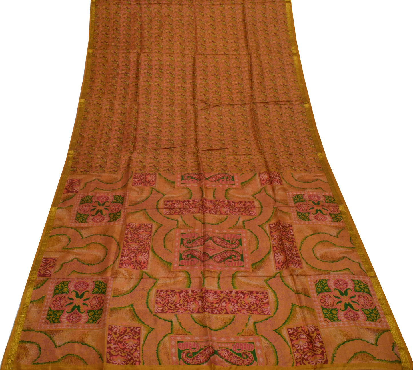 Sushila Vintage Green Saree 100% Pure Silk Printed Paisley Soft Craft Fabric