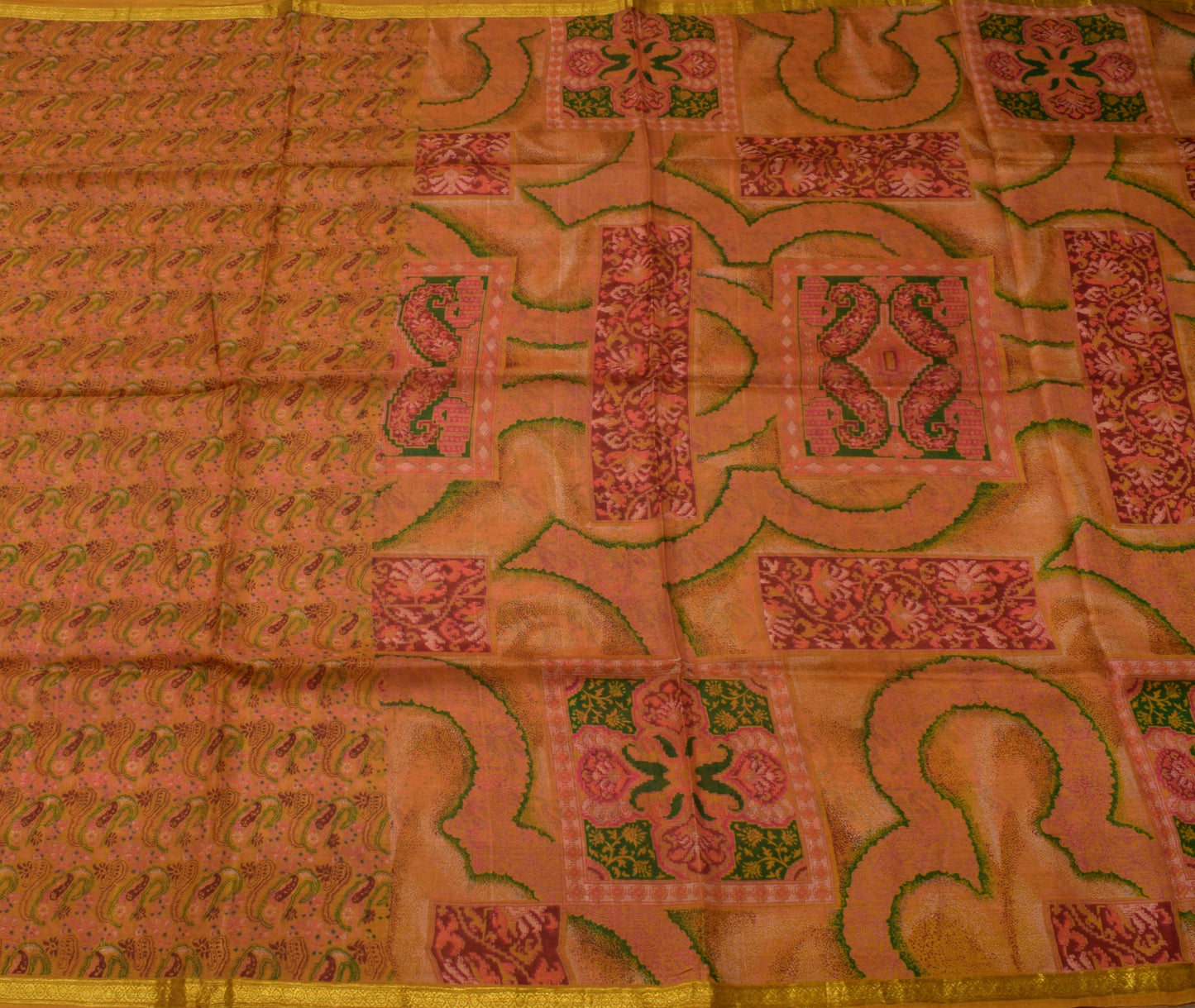 Sushila Vintage Green Saree 100% Pure Silk Printed Paisley Soft Craft Fabric