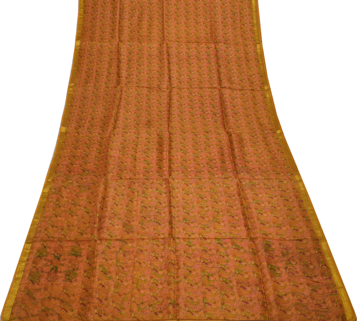 Sushila Vintage Green Saree 100% Pure Silk Printed Paisley Soft Craft Fabric
