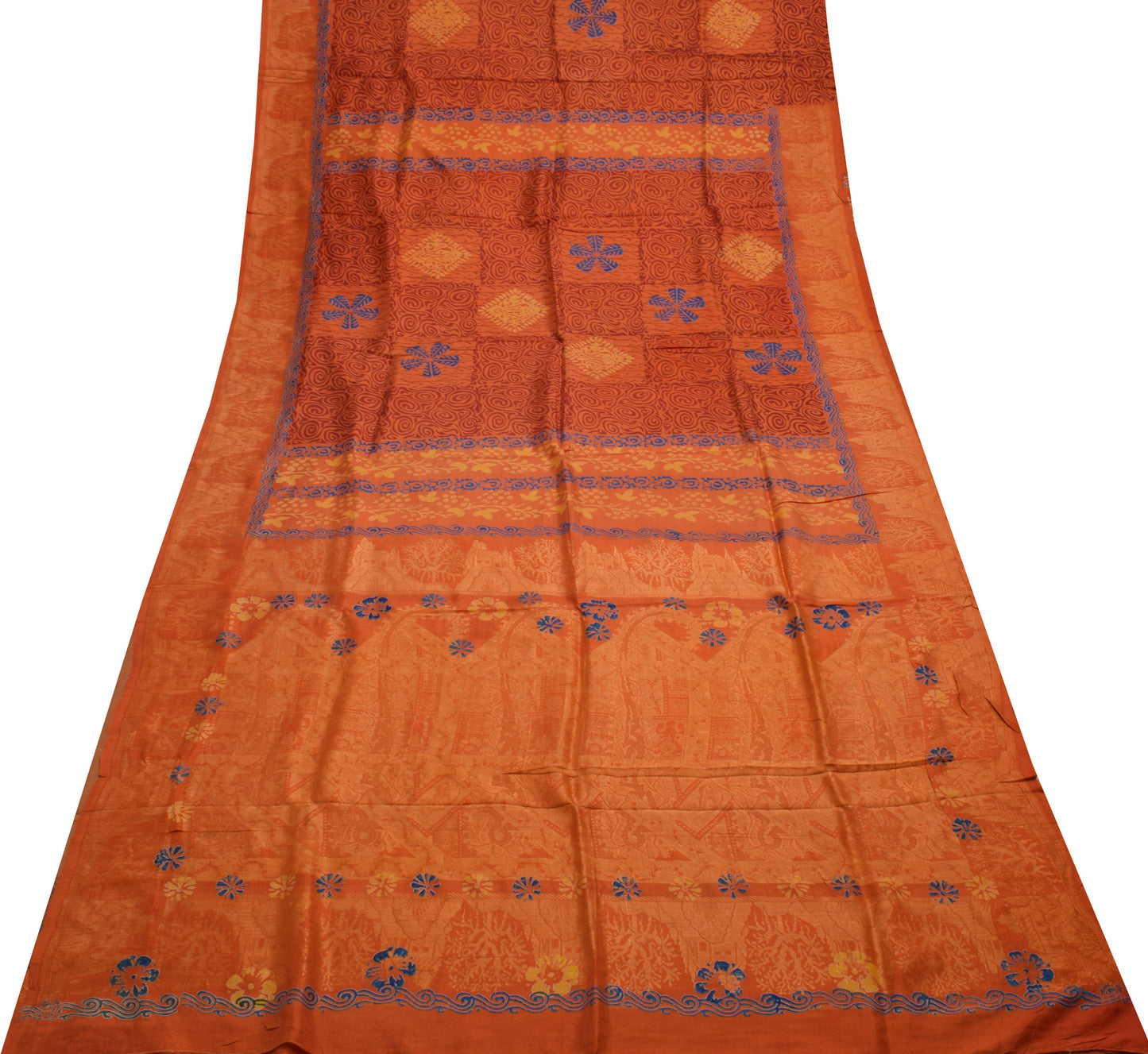 Sushila Vintage Orange Saree 100% Pure Silk Printed Floral Soft Craft Fabric