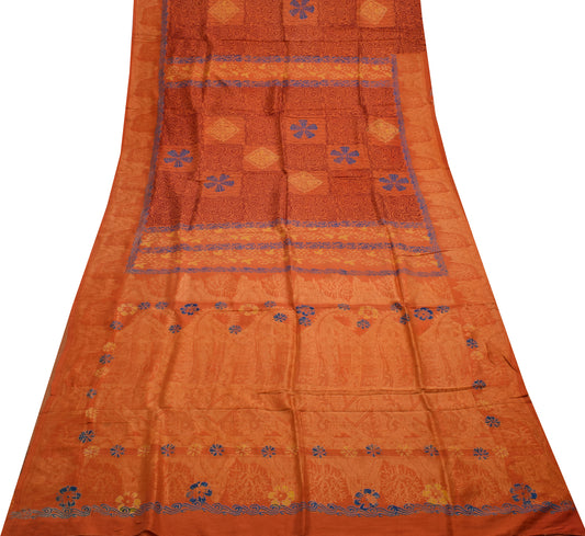 Sushila Vintage Orange Saree 100% Pure Silk Printed Floral Soft Craft Fabric