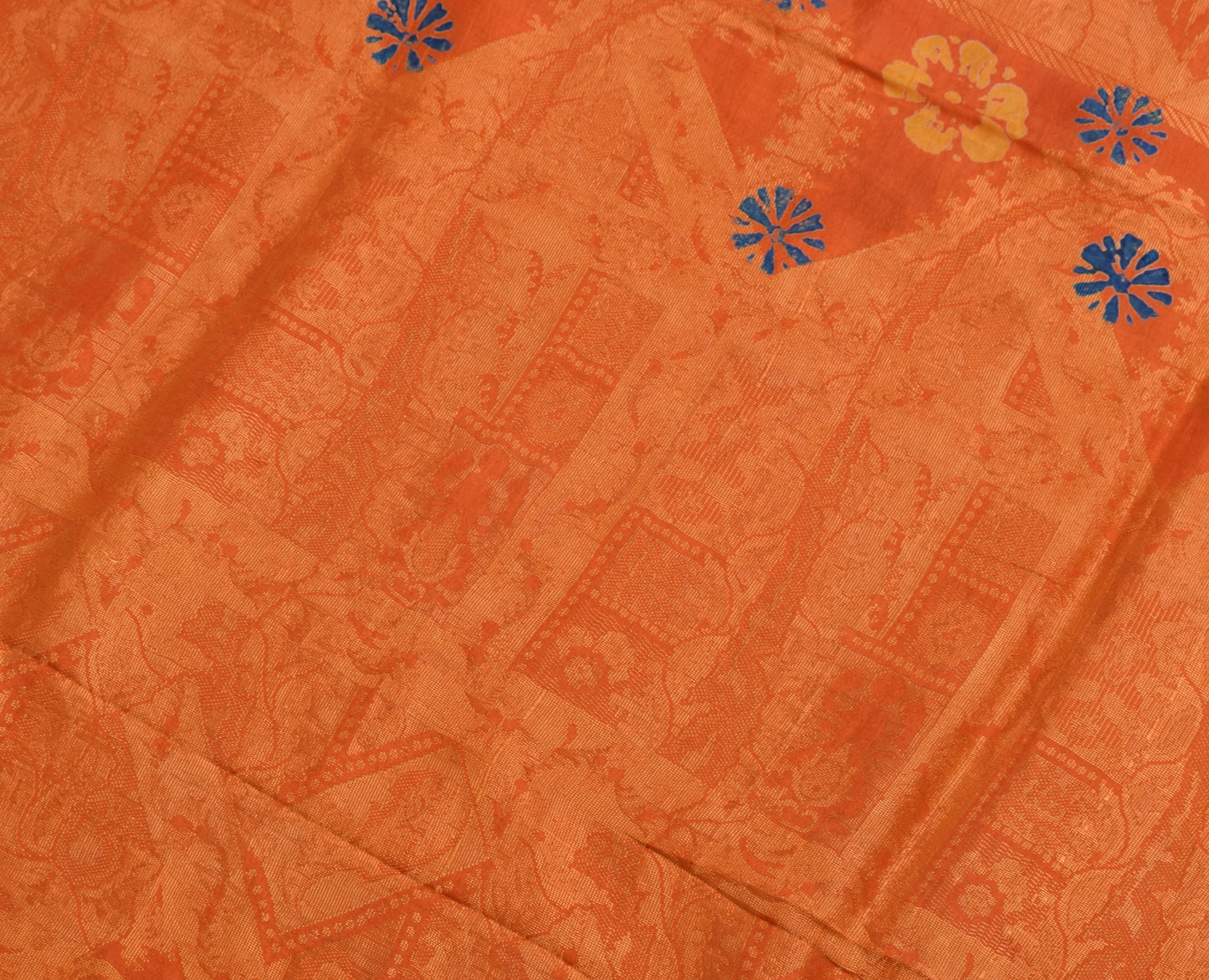 Sushila Vintage Orange Saree 100% Pure Silk Printed Floral Soft Craft Fabric