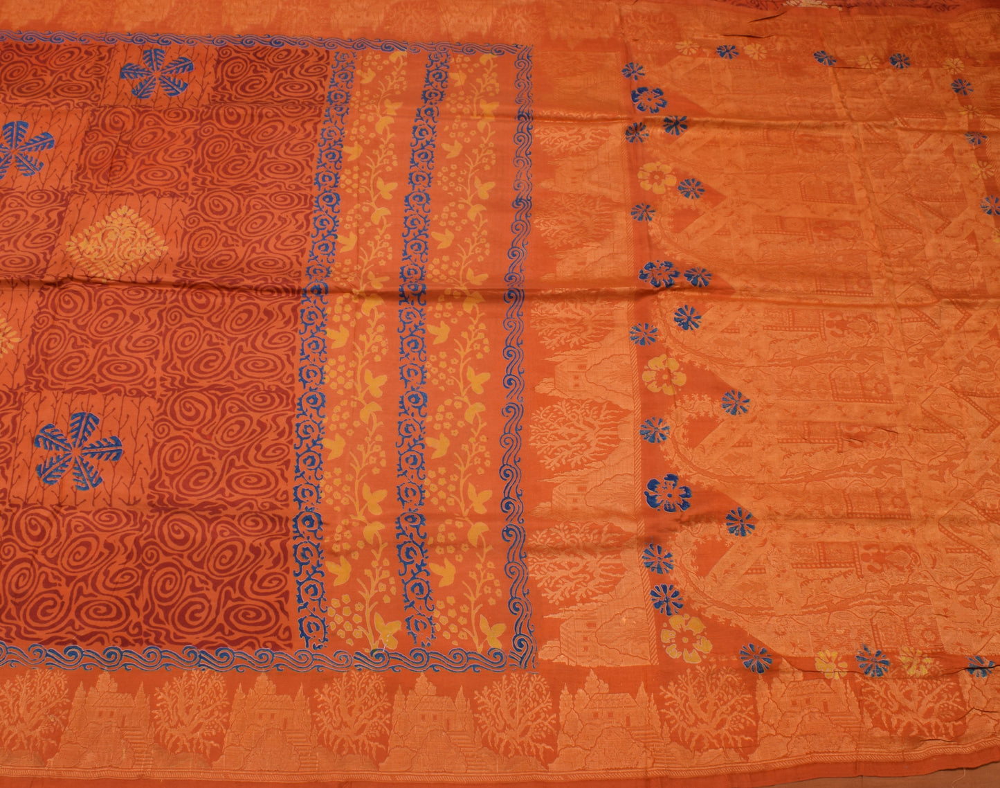 Sushila Vintage Orange Saree 100% Pure Silk Printed Floral Soft Craft Fabric
