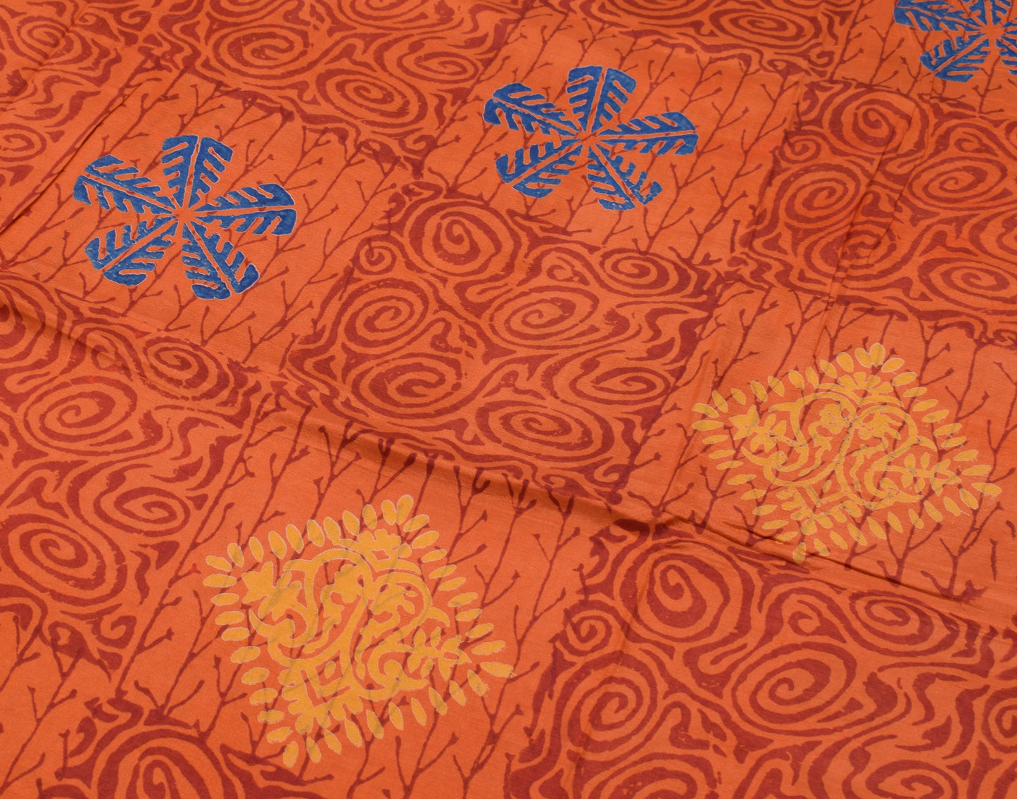 Sushila Vintage Orange Saree 100% Pure Silk Printed Floral Soft Craft Fabric