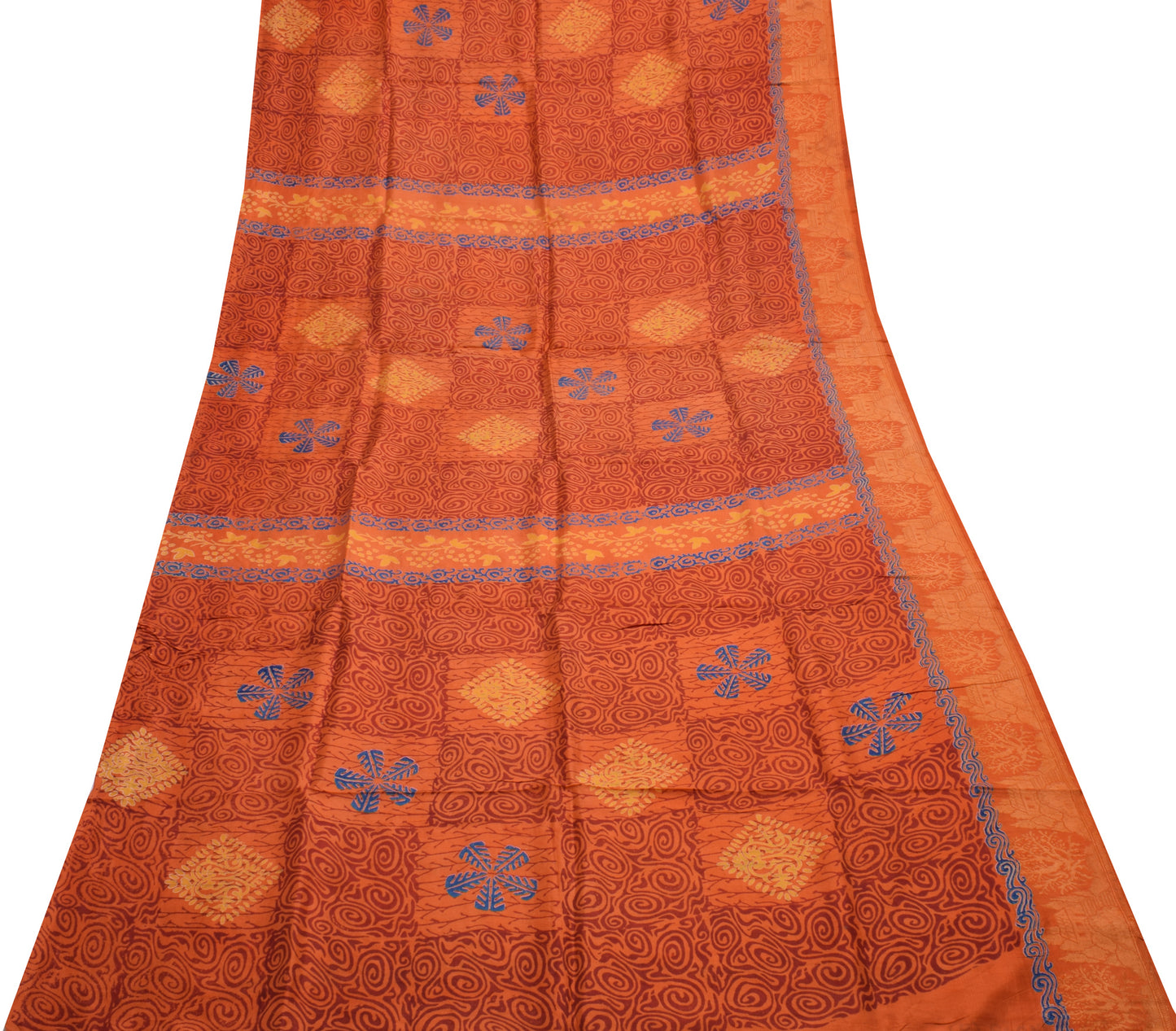 Sushila Vintage Orange Saree 100% Pure Silk Printed Floral Soft Craft Fabric