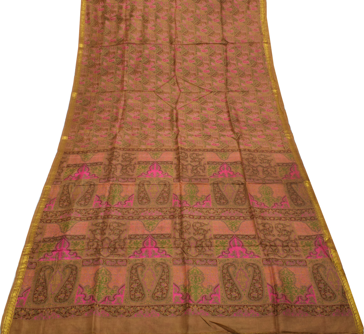Sushila Vintage Brown Saree 100% Pure Silk Printed Floral Soft Craft Fabric