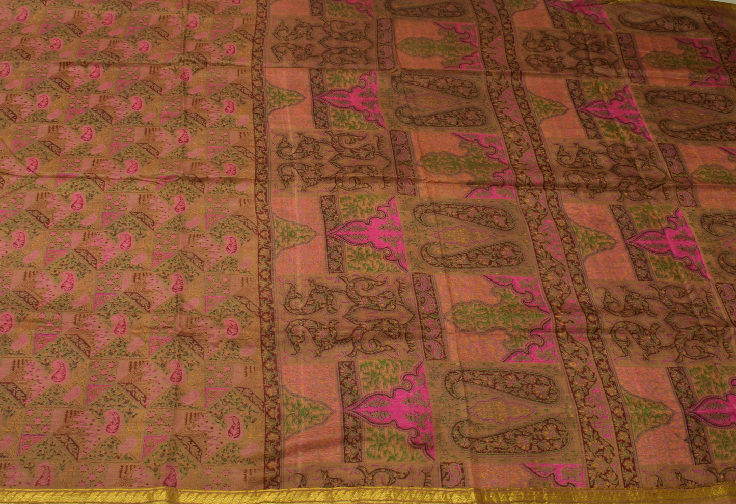 Sushila Vintage Brown Saree 100% Pure Silk Printed Floral Soft Craft Fabric