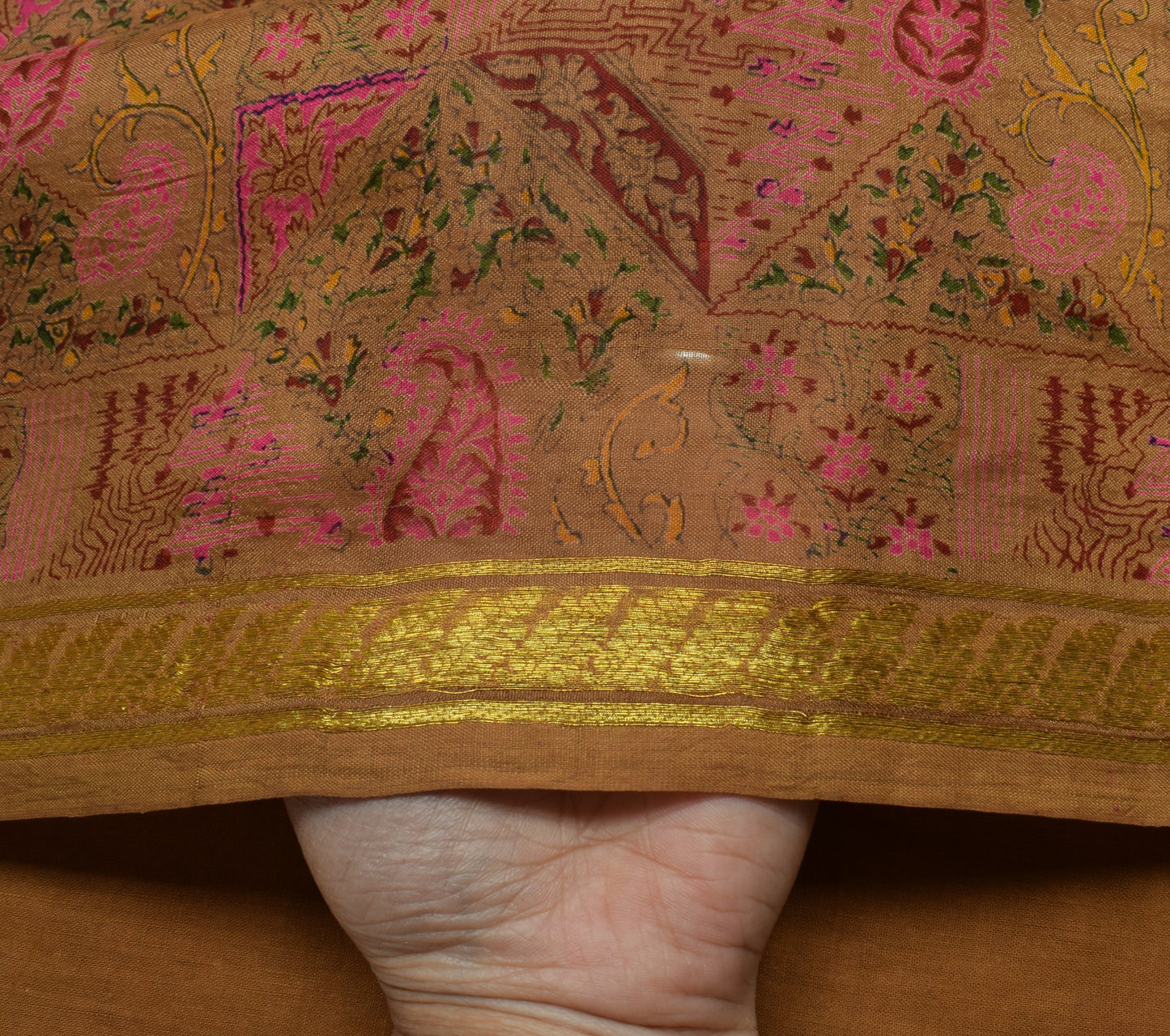 Sushila Vintage Brown Saree 100% Pure Silk Printed Floral Soft Craft Fabric